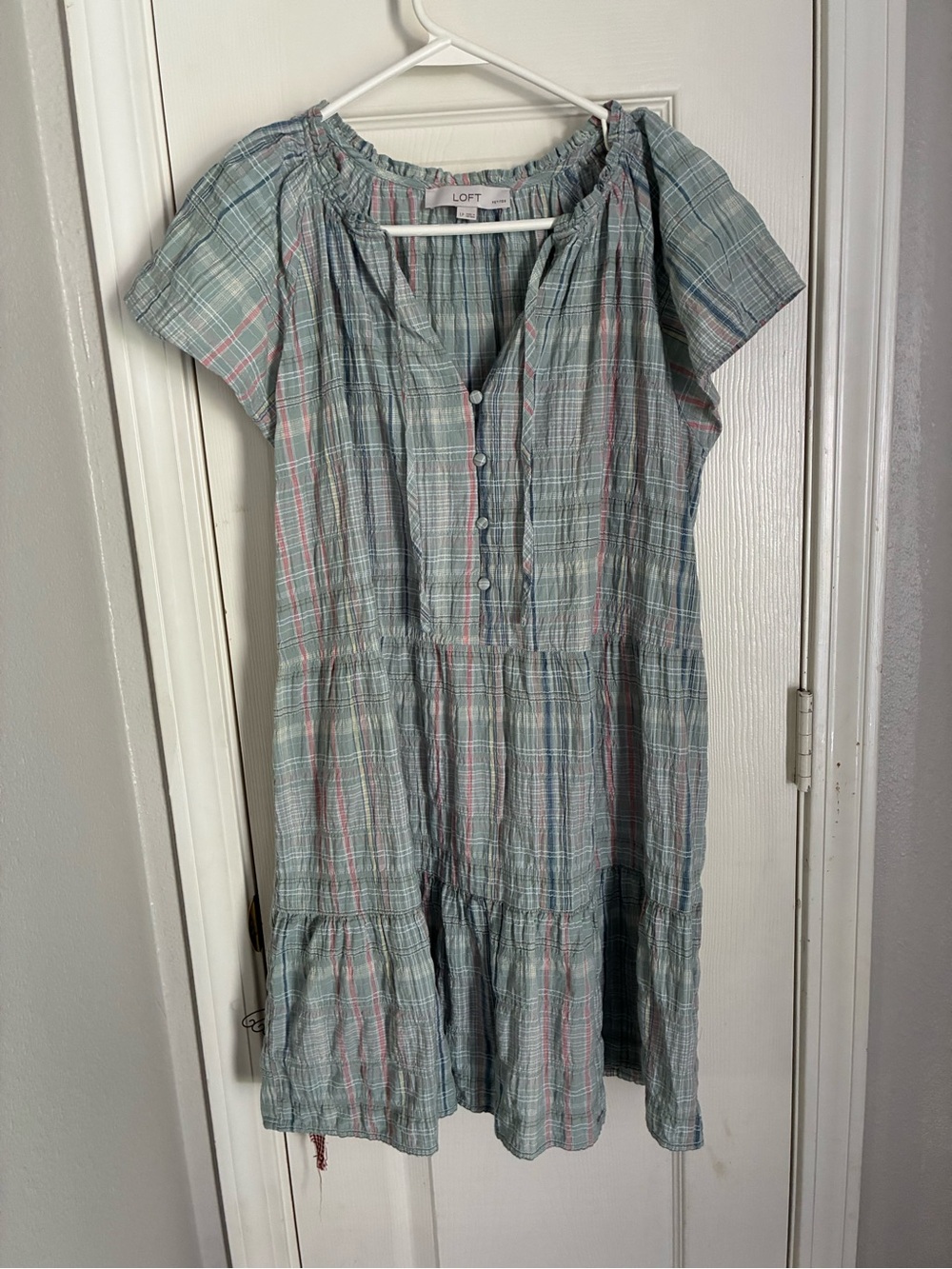 LOFT Blue and Pink Plaid Short Sleeve Tiered Dress